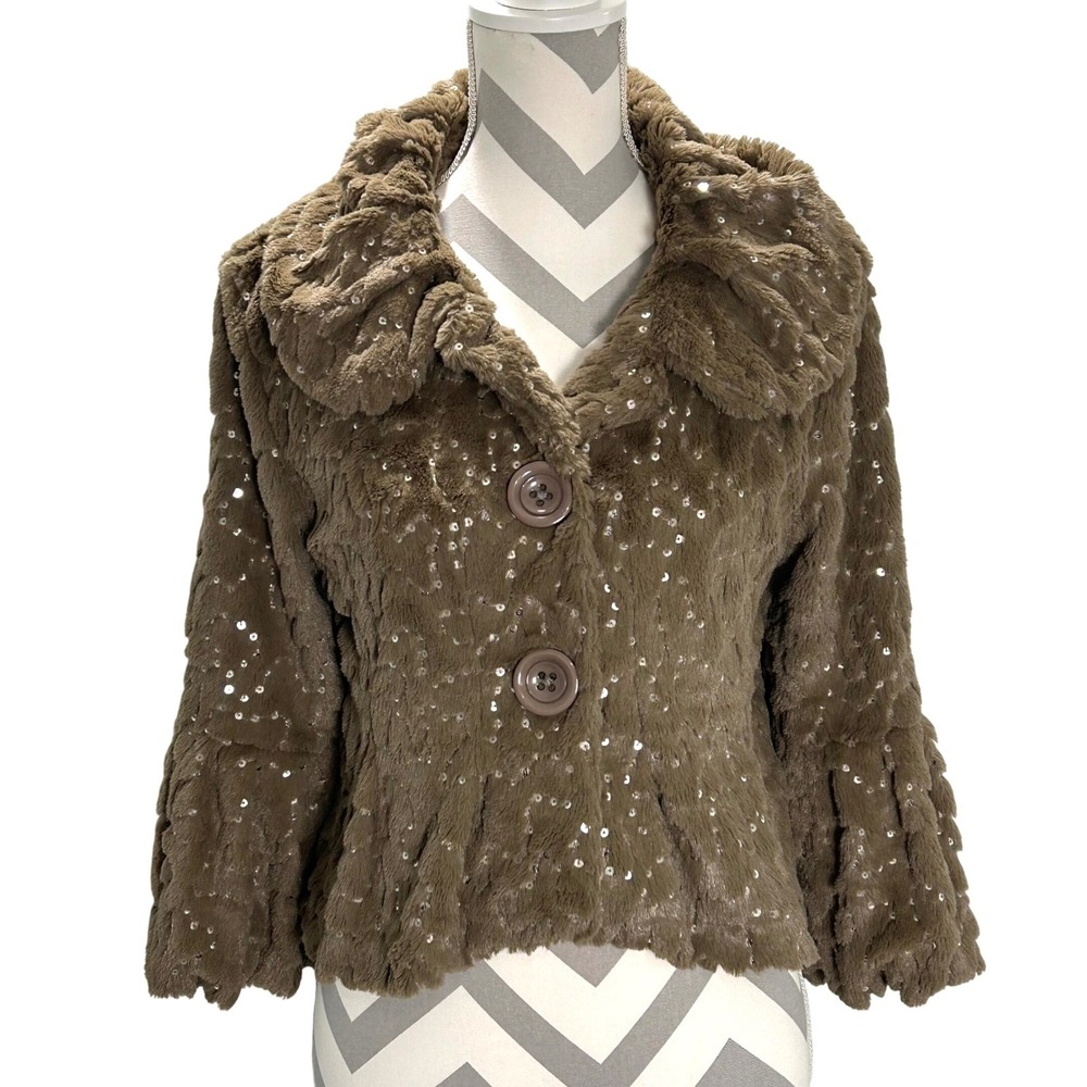 Ariella Faux Fur‎ Sequin Jacket Cropped Brown Button Up Bolero Coat Women's L